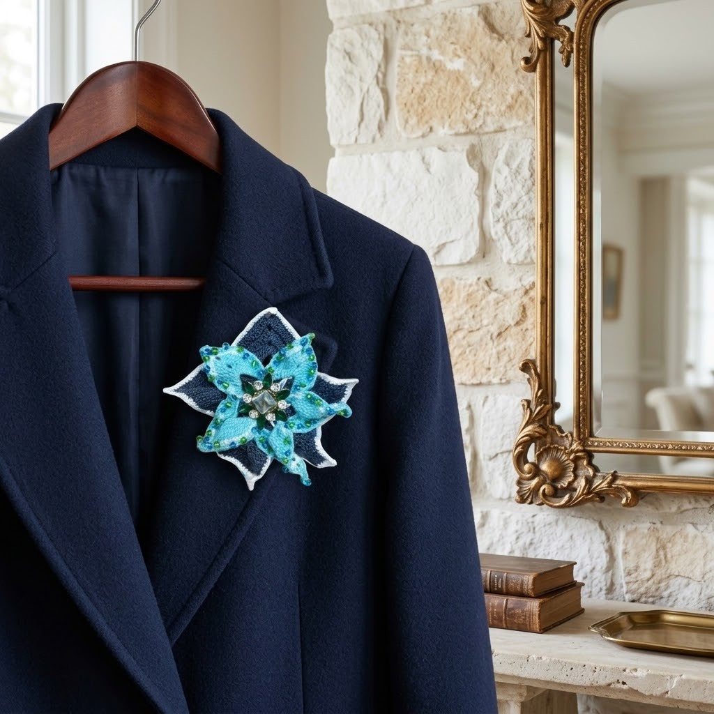 A navy blue coat on a wooden hanger, featuring a decorative turquoise and white embroidered flower brooch pinned to the chest, set against a background of a stone wall and an ornate gold mirror.