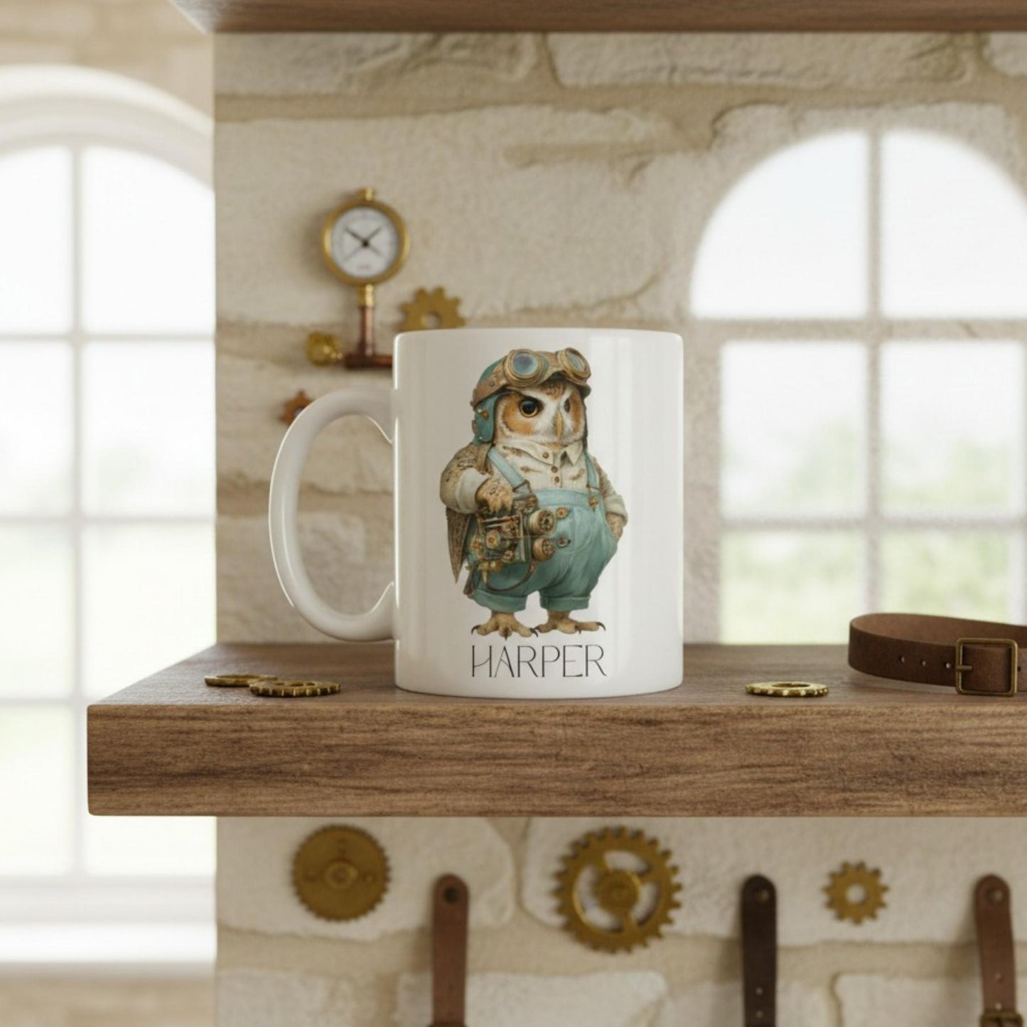 Mug with steampunk owl design and 'Harper' text on a wooden shelf.