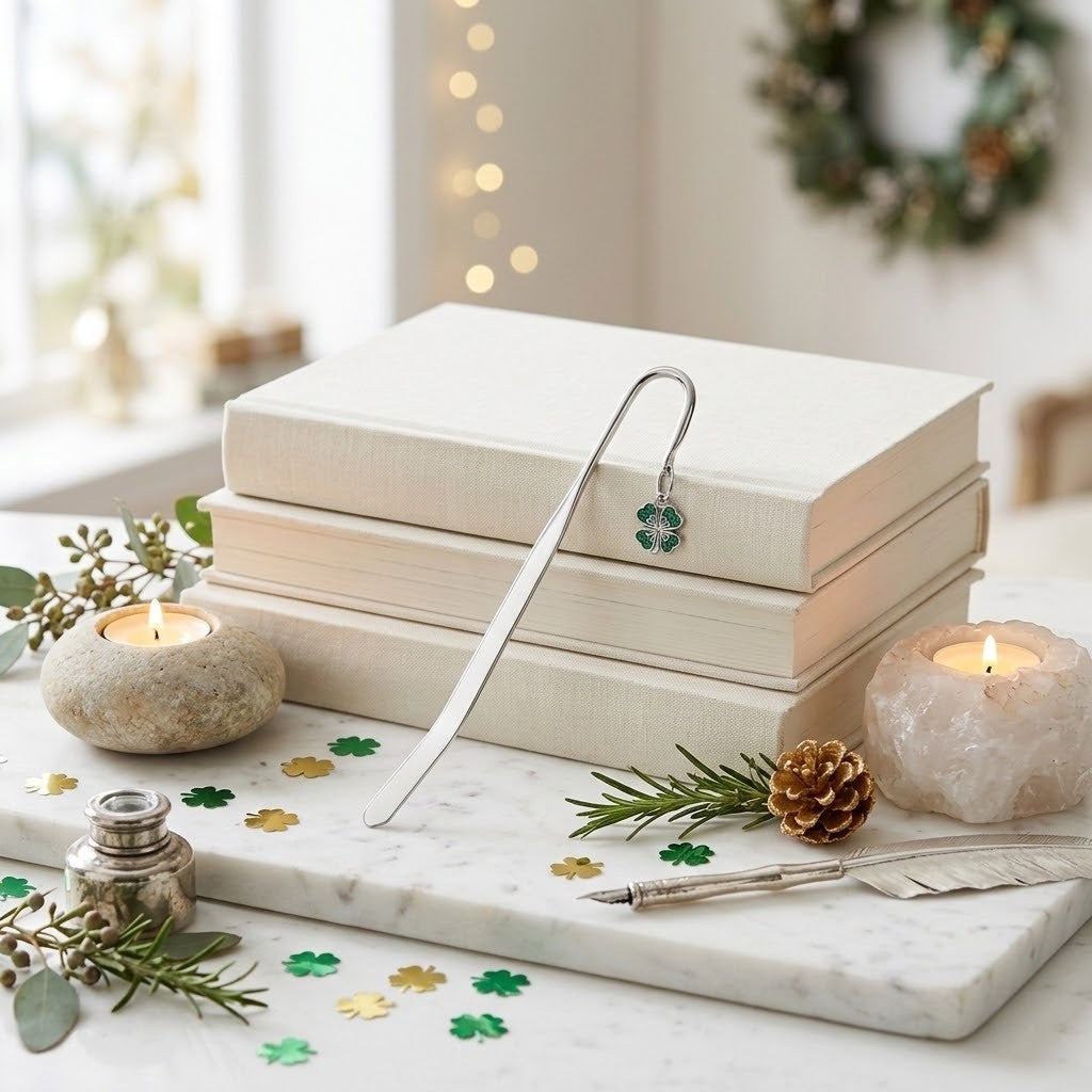 A silver metal bookmark with a green clover charm rests on a stack of cream-coloured books on a white marble tray. The scene is styled with a lit candle, a small ink bottle, green and gold shamrock confetti, pine needles, a pinecone, and a feather pen, set against a softly blurred holiday background with a wreath and warm string lights.