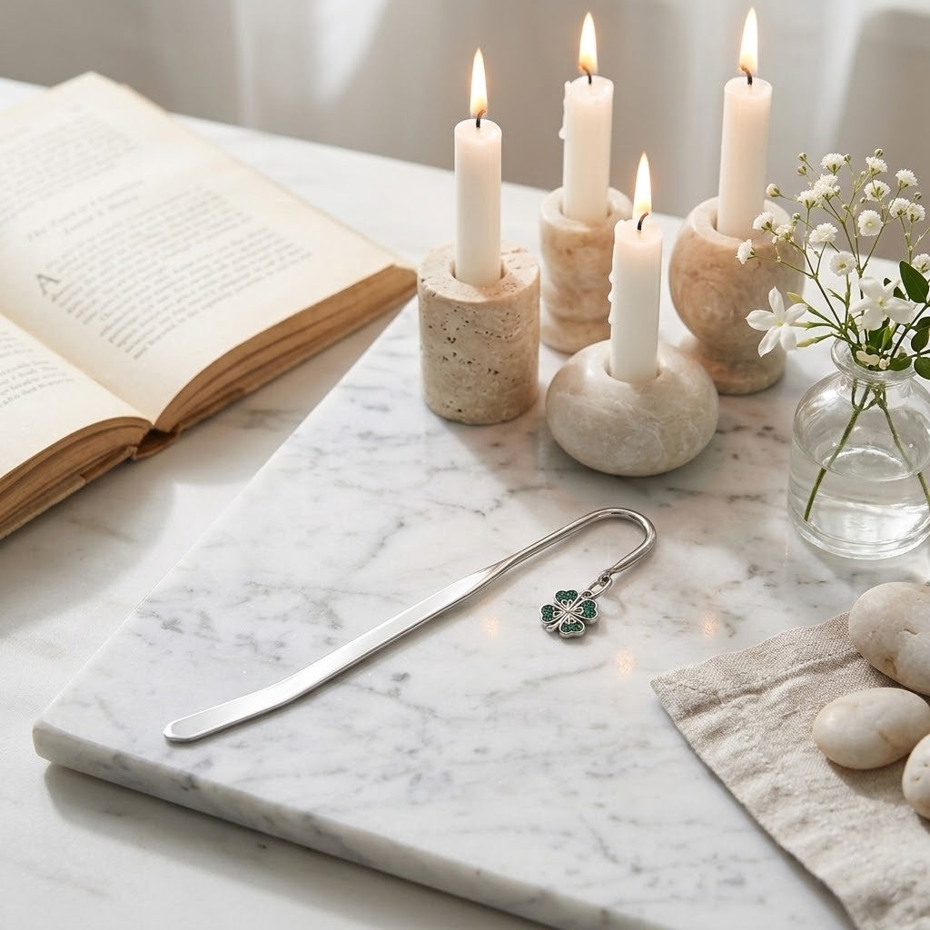 A silver metal bookmark with a green clover charm rests on a white marble tray on a marble table, styled with lit candles, an open book, and small white flowers.