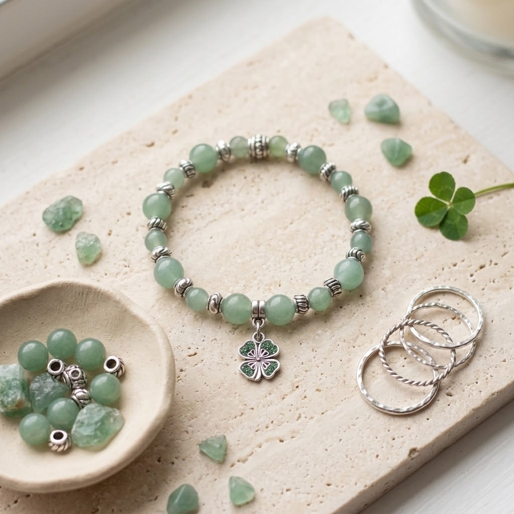 A beaded bracelet with light green beads, silver spacer beads, and a green four-leaf clover charm, displayed on a beige stone slab with loose beads, rings, and a small dish of green stones.