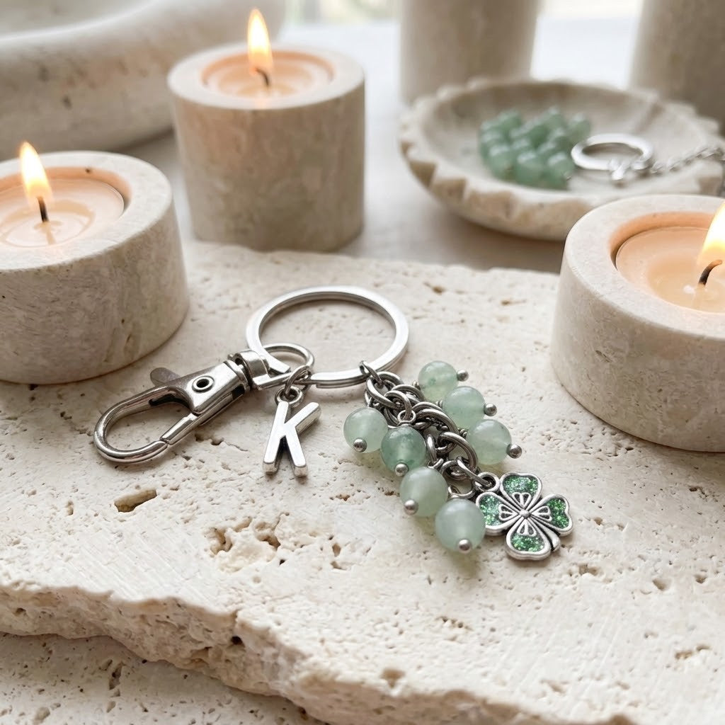 A silver keychain with a lobster clasp, a letter K charm, light green beads, and a green clover charm, displayed on a textured stone surface with lit candles in the background.