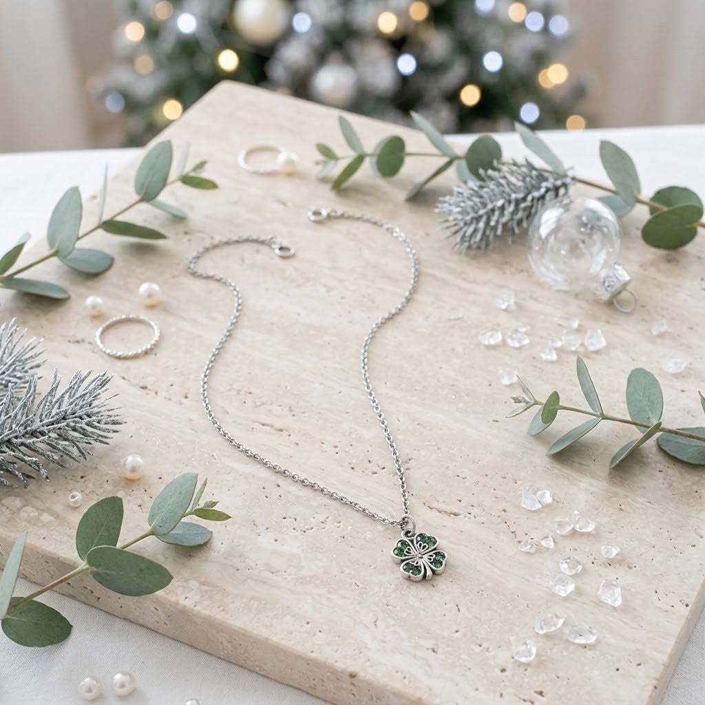 A silver-toned necklace with a green four-leaf clover pendant is displayed on a beige stone tray, surrounded by eucalyptus leaves, pinecones, clear stones, and rings, with a blurred Christmas tree in the background.