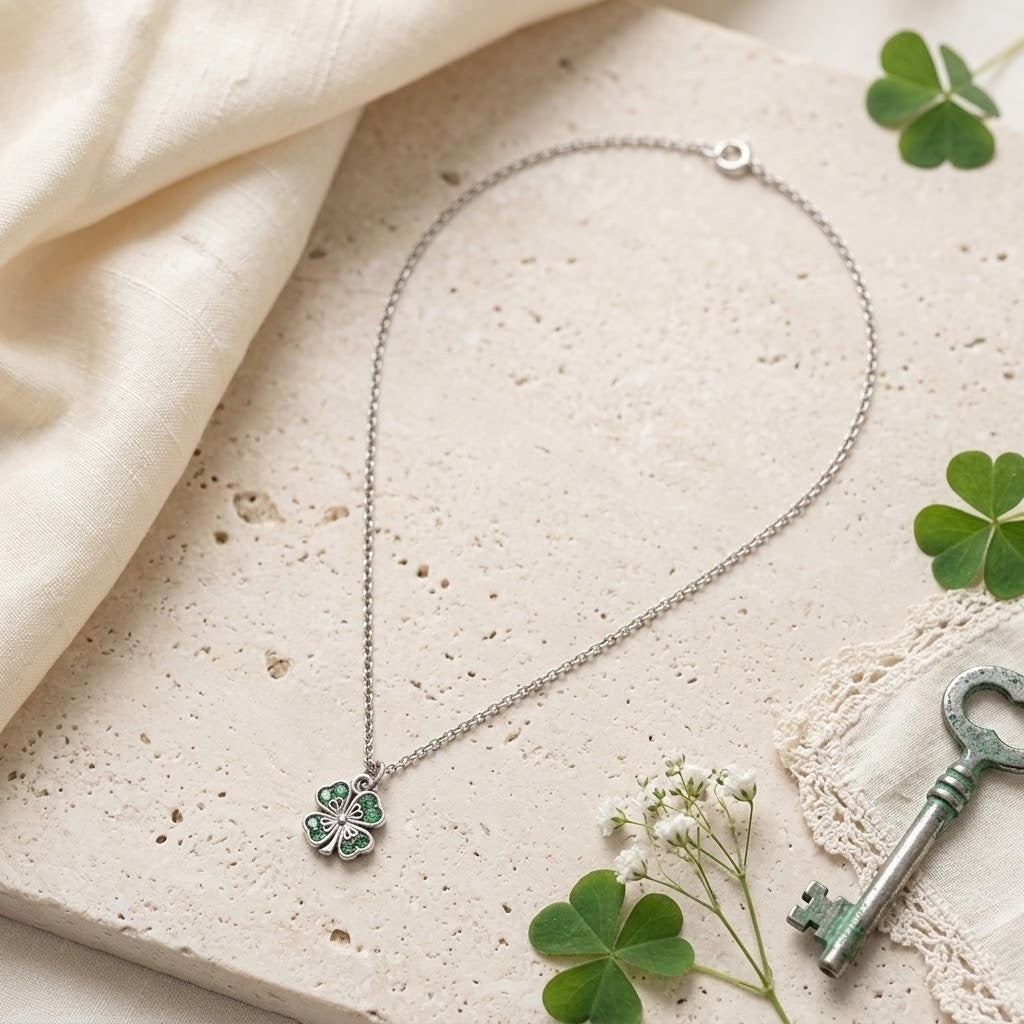 A silver chain necklace with a clover pendant featuring green enamel and pink crystal accents, styled on a textured beige stone slab with cream fabric, green clovers, and a vintage key.