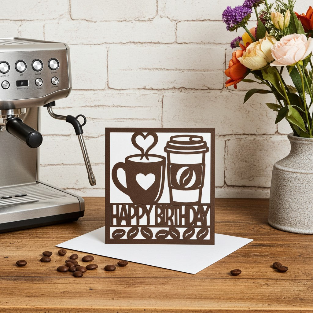 A square brown greeting card with coffee-themed cutout illustrations and the words “HAPPY BIRTHDAY,” displayed on a white envelope on a wooden table. The scene includes a coffee machine on the left, coffee beans, and a vase of flowers against a white brick wall.