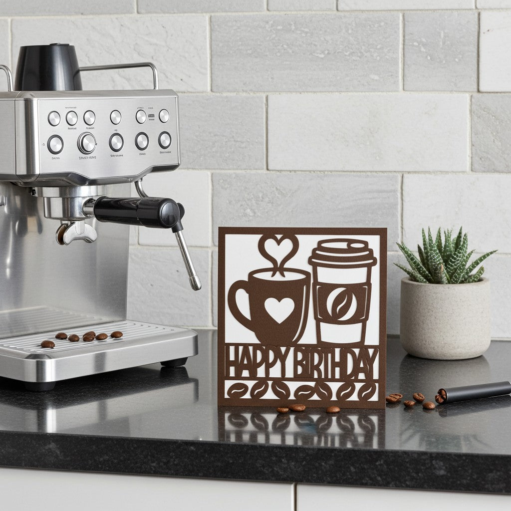 A square handmade card reading 'HAPPY BIRTH DAY' with coffee cup illustrations, displayed on a kitchen countertop next to an espresso machine and a small potted succulent.