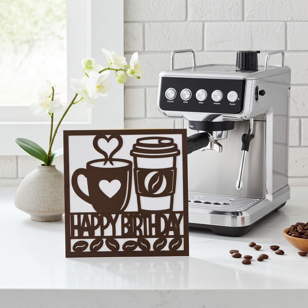 A square greeting card with a coffee-themed 'Happy Birthday' design stands on a white countertop next to a stainless steel espresso machine. The sign features cutout illustrations of a heart-shaped coffee mug and a takeaway coffee cup with the words 'HAPPY BIRTHDAY' and coffee beans.