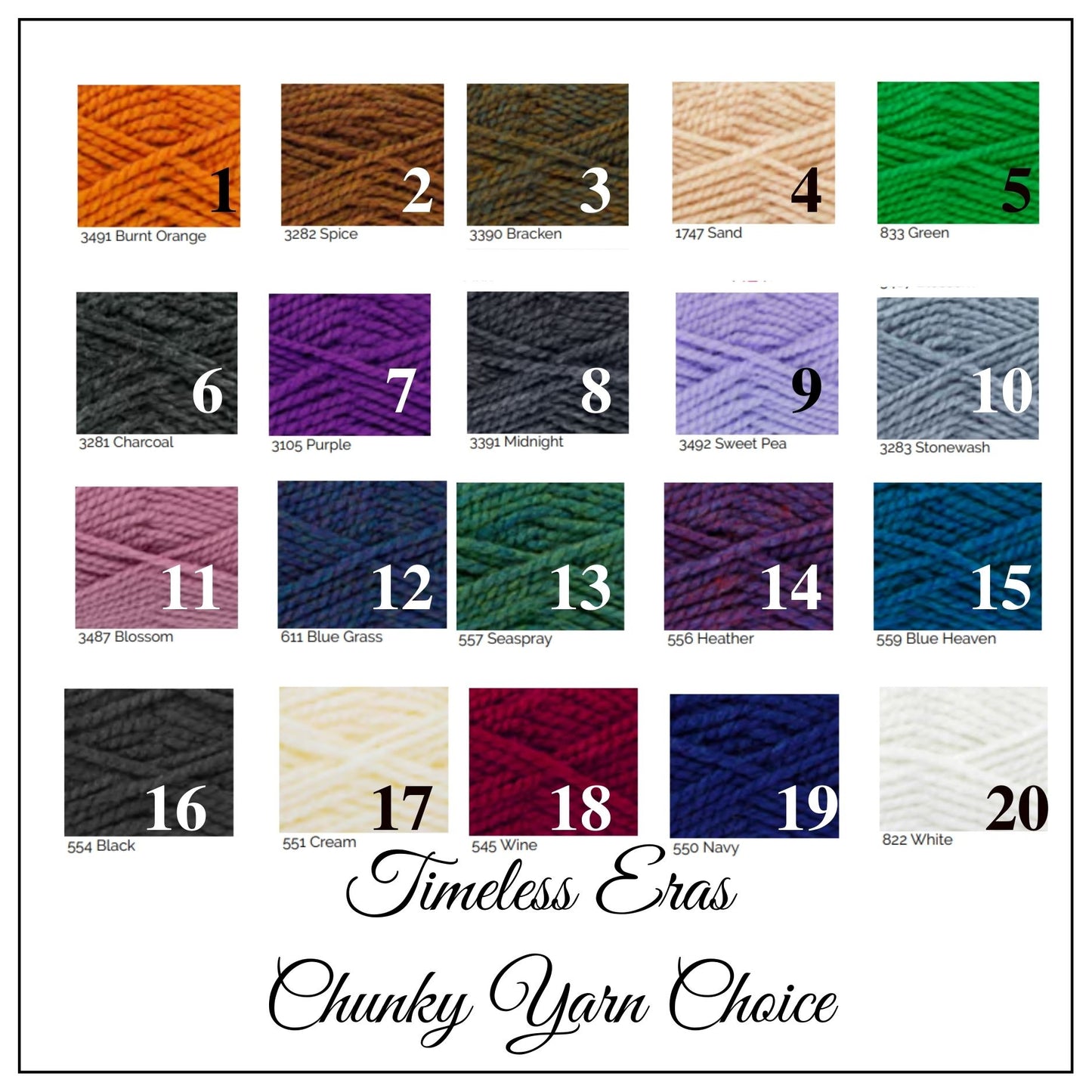 Colour swatch chart for Chunky Yarn with yarn color options.