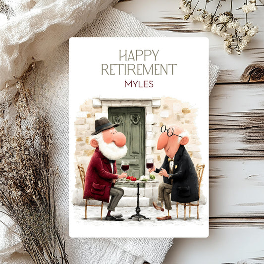 Retirement card with two animated characters sitting at a table, surrounded by decorative elements.