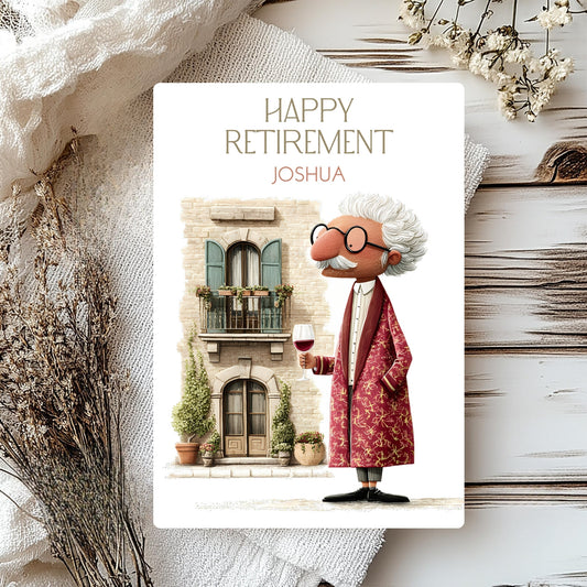 Retirement card with a cartoon character holding a glass of wine, surrounded by decorative elements.