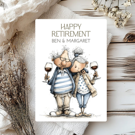 Greeting card with cartoon characters celebrating retirement, surrounded by decorative elements.