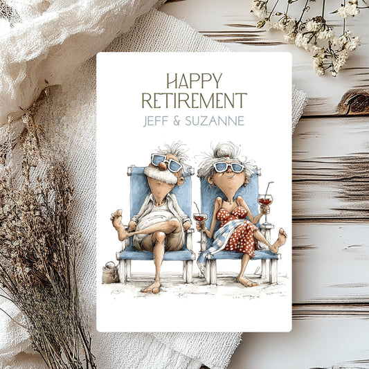 Happy Retirement card with cartoon characters sitting on chairs, surrounded by decorative elements.