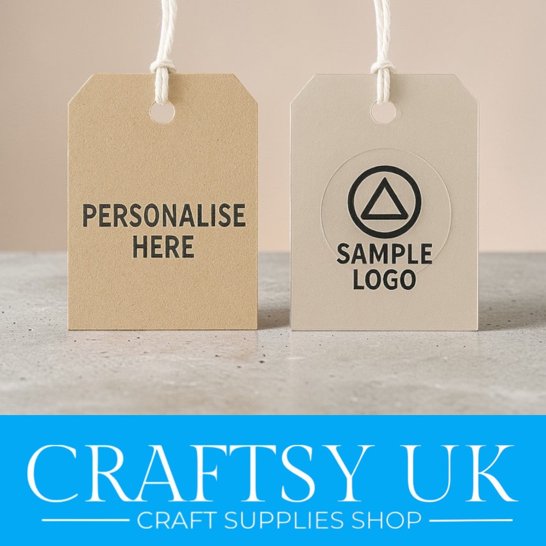 Two customizable tags with text and logo created by  Craftsy UK.