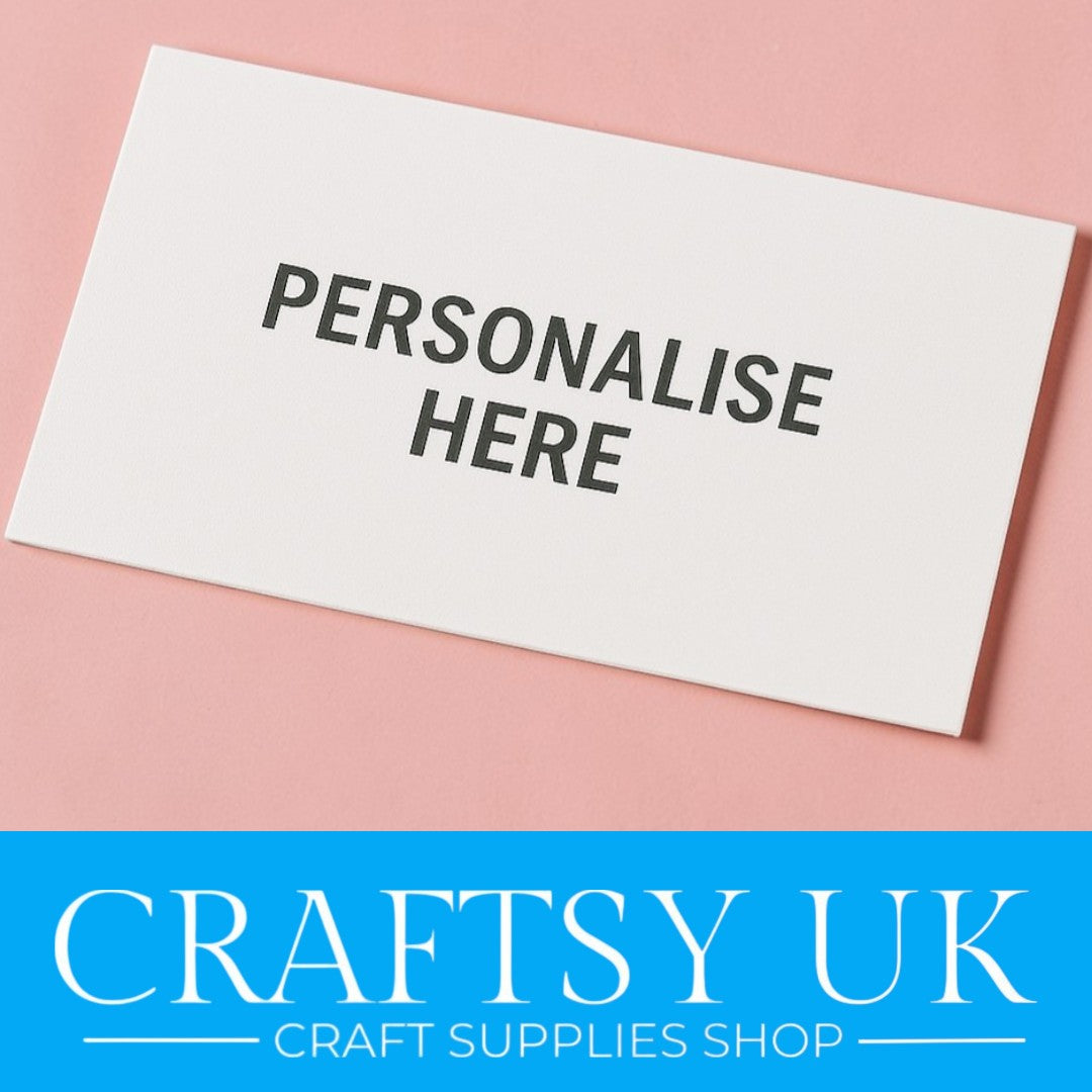White business card to be 'PERSONALISED for you on a pink background, created by Craftsy UK.