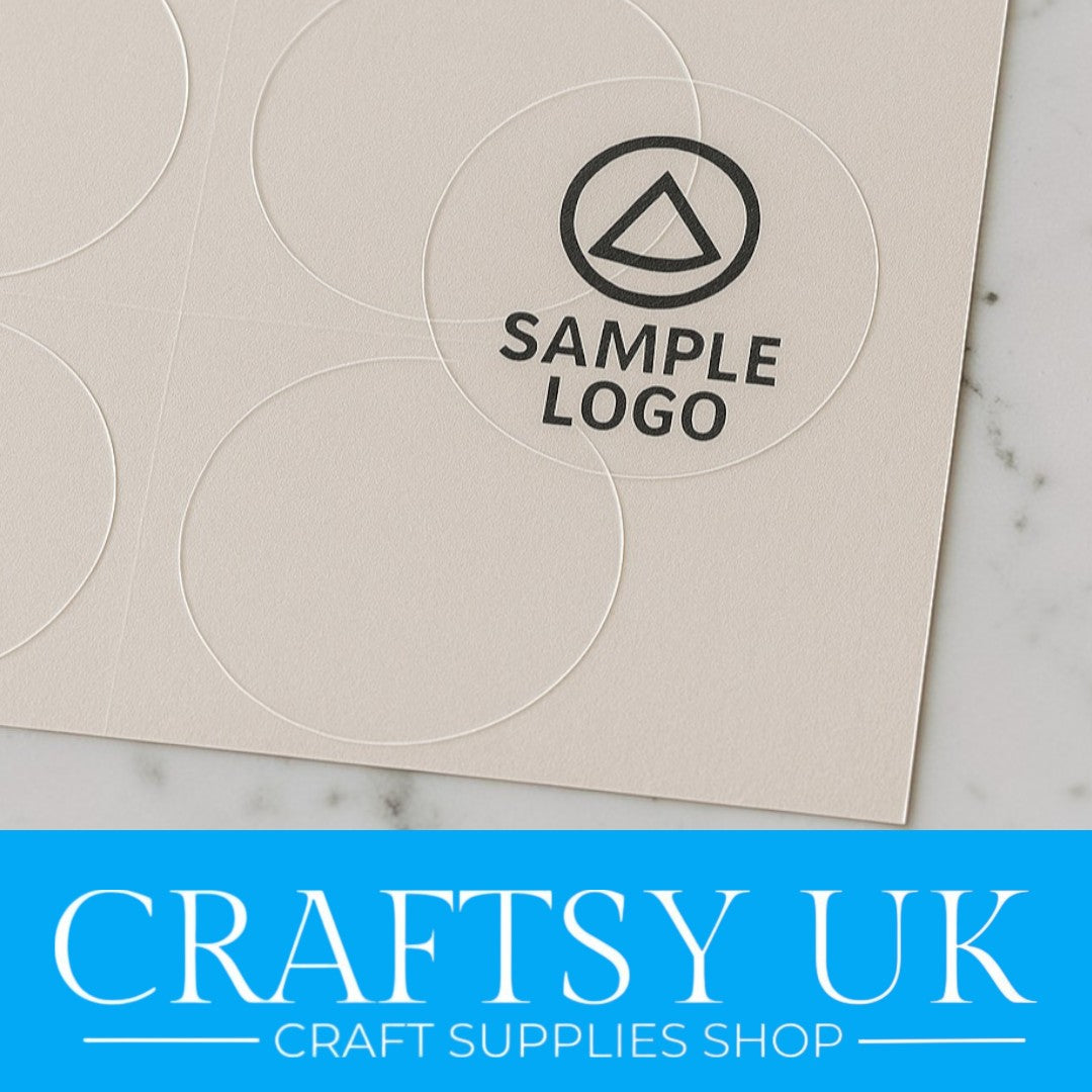Sheet of clear circular stickers with a sample logo on a beige background, created by Craftsy UK.