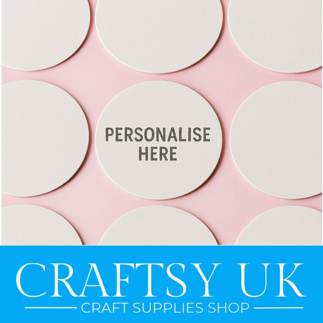 Round white stickers with 'Personalise Here' text on a pink background, created by Craftsy UK.