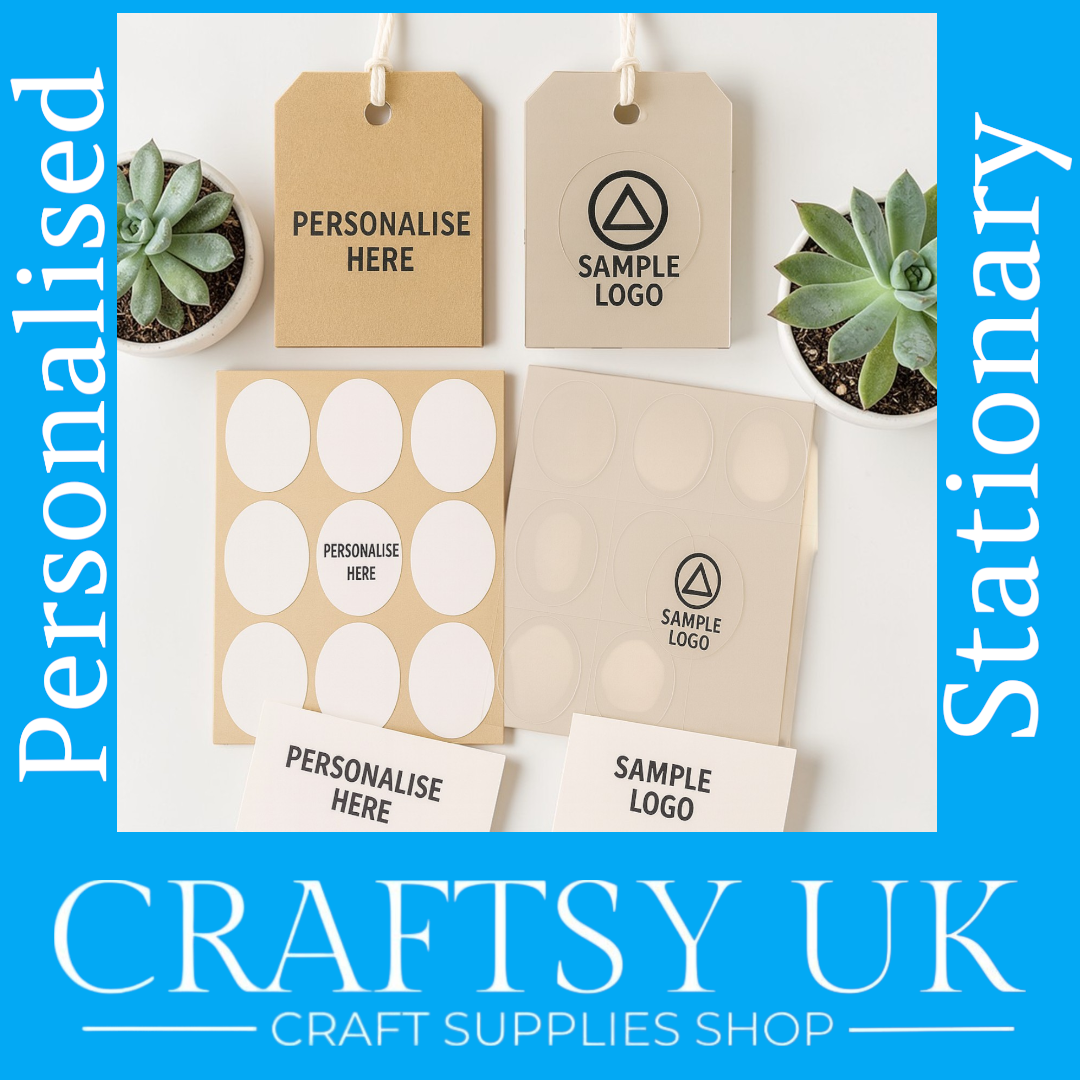 Personalized stationery items created by 'Craftsy UK' on a white background.