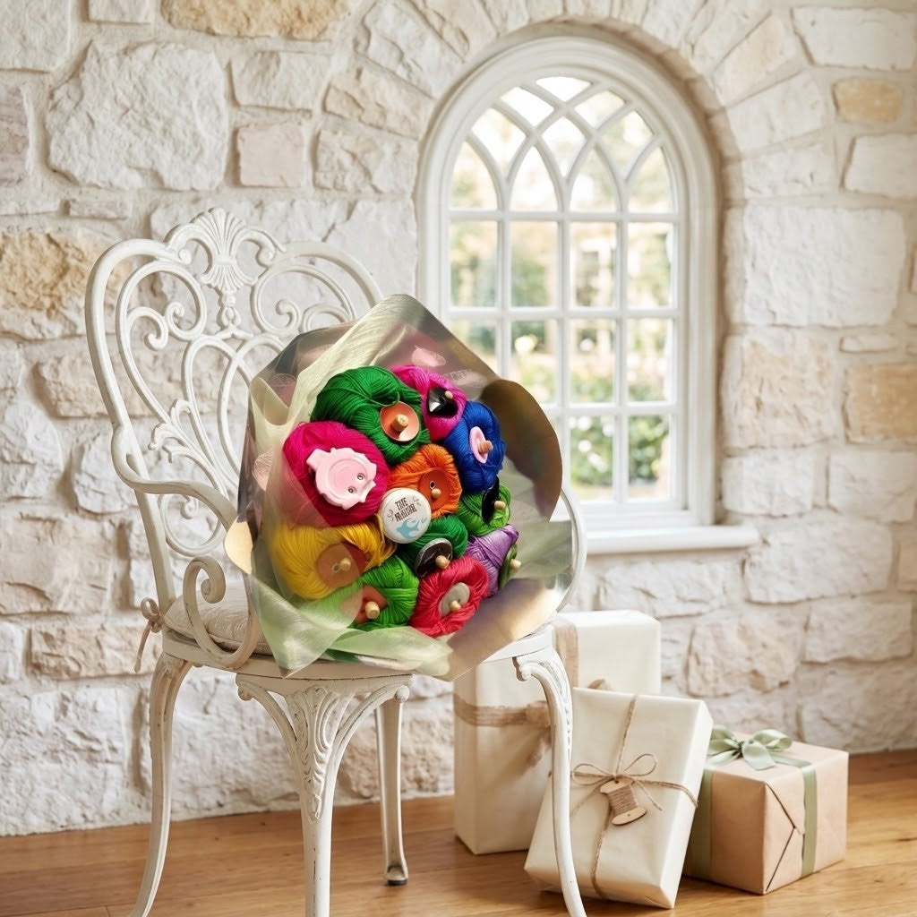 A colourful bouquet of knitting yarn sits on a white ornate chair in a stone room, with wrapped gift boxes on the floor nearby.