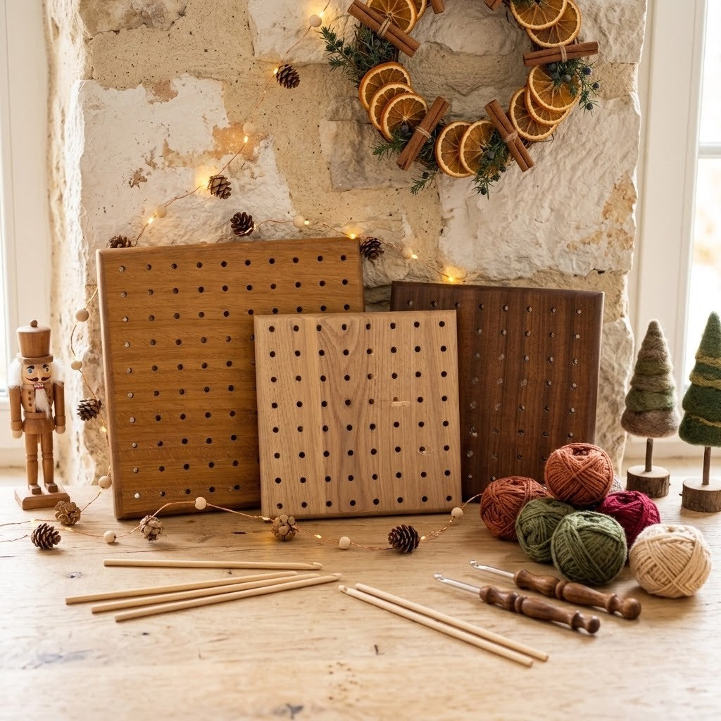 Three wooden crochet blocking boards in different wood tones displayed on a rustic stone wall, surrounded by knitting needles, yarn balls, a nutcracker, and holiday decorations.