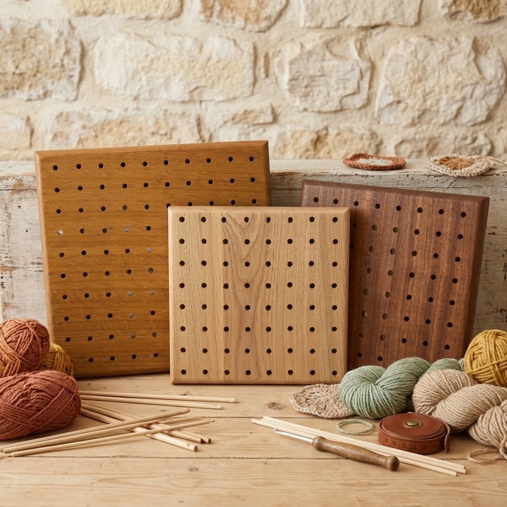 Three wooden crochet blocking boards with peg holes in different wood tones, arranged on a rustic wooden table with yarn balls, knitting needles, and a stone wall background.