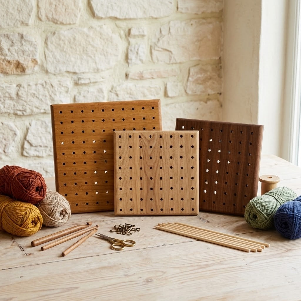 Three wooden crochet blocking boards in different wood tones arranged on a light wood table with yarn balls, knitting needles, and scissors against a stone wall background.