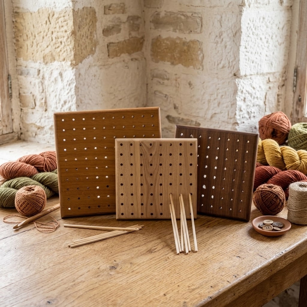 Three wooden crochet blocking boards of different wood tones arranged on a rustic wooden table, surrounded by balls of yarn and knitting needles in a warm, stone-walled setting.
