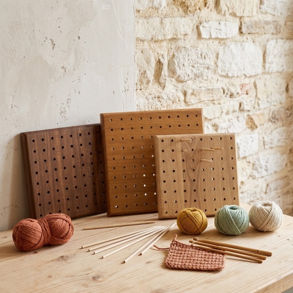 Three wooden crochet blocking boards with peg holes arranged on a light wood table, alongside balls of yarn, knitting needles, and a small knitted swatch, set against a textured cream and stone wall.