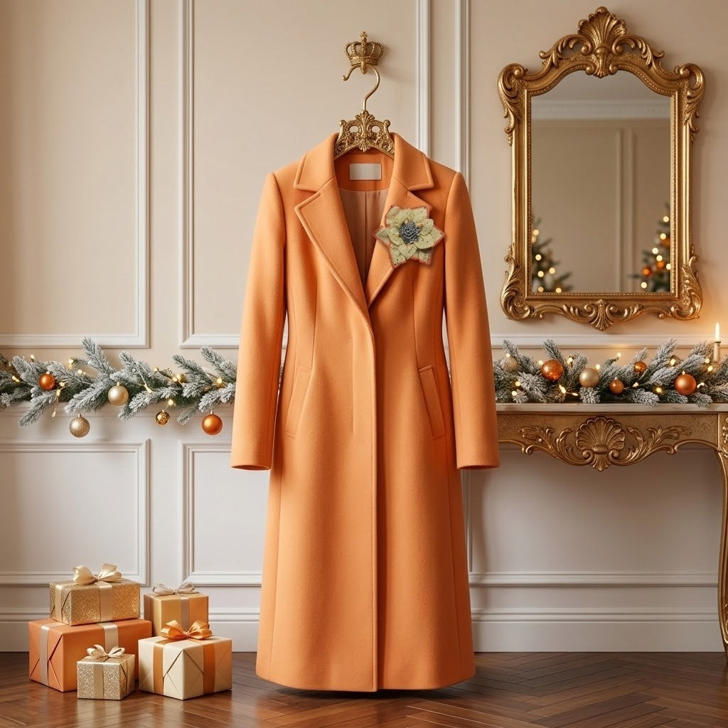 A long orange wool coat hangs on a decorative gold hanger against an elegant cream paneled wall. The coat features a large floral brooch on the left chest and is styled in a festive holiday setting with a gold console table, garland, mirror, and wrapped presents on the floor.