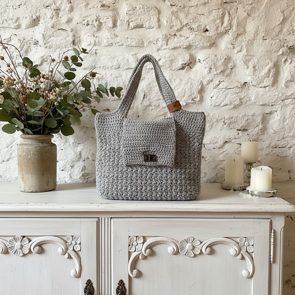 Grey crochet bag on a decorative white cabinet with a stone wall background