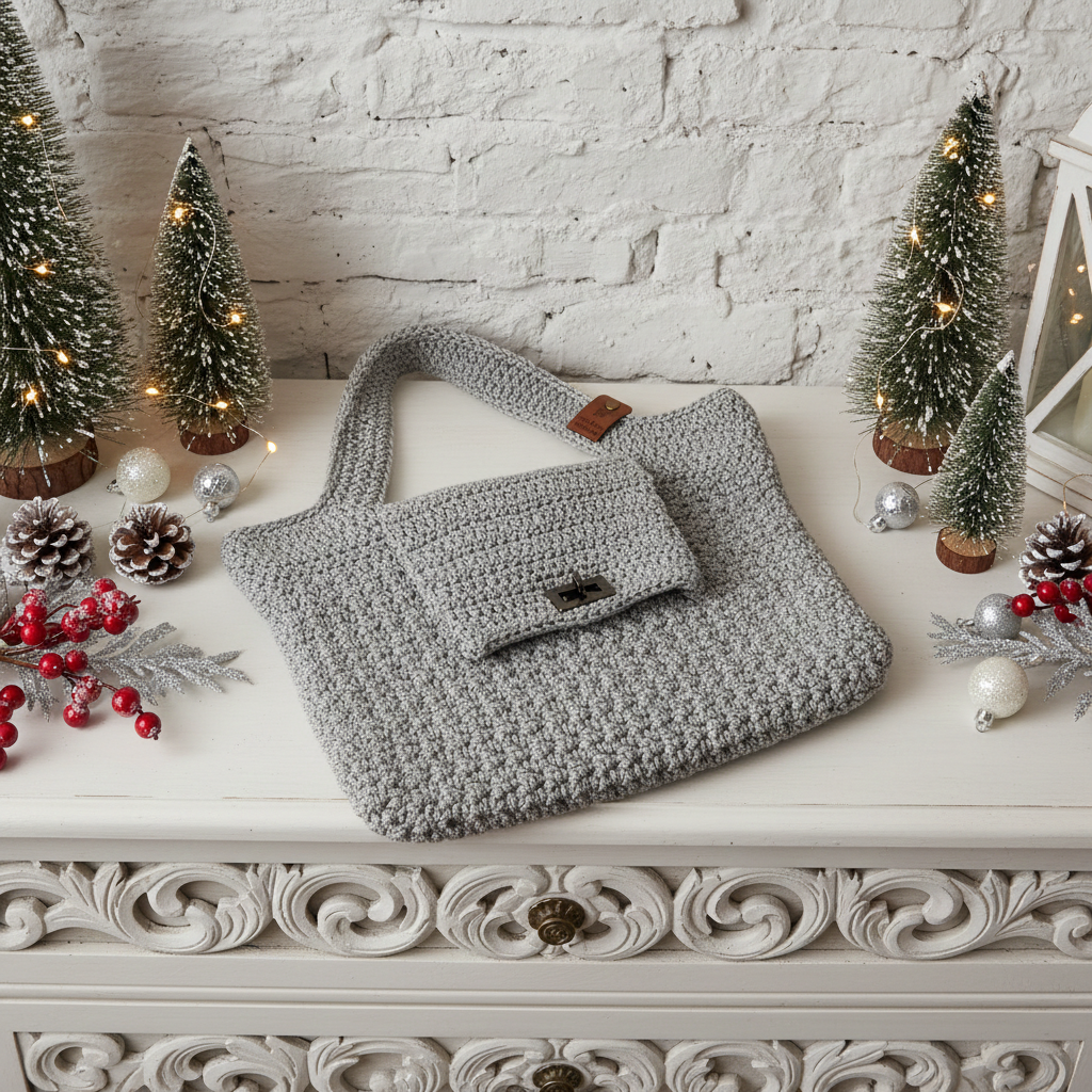 Gray knitted bag on a decorative table with Christmas decorations