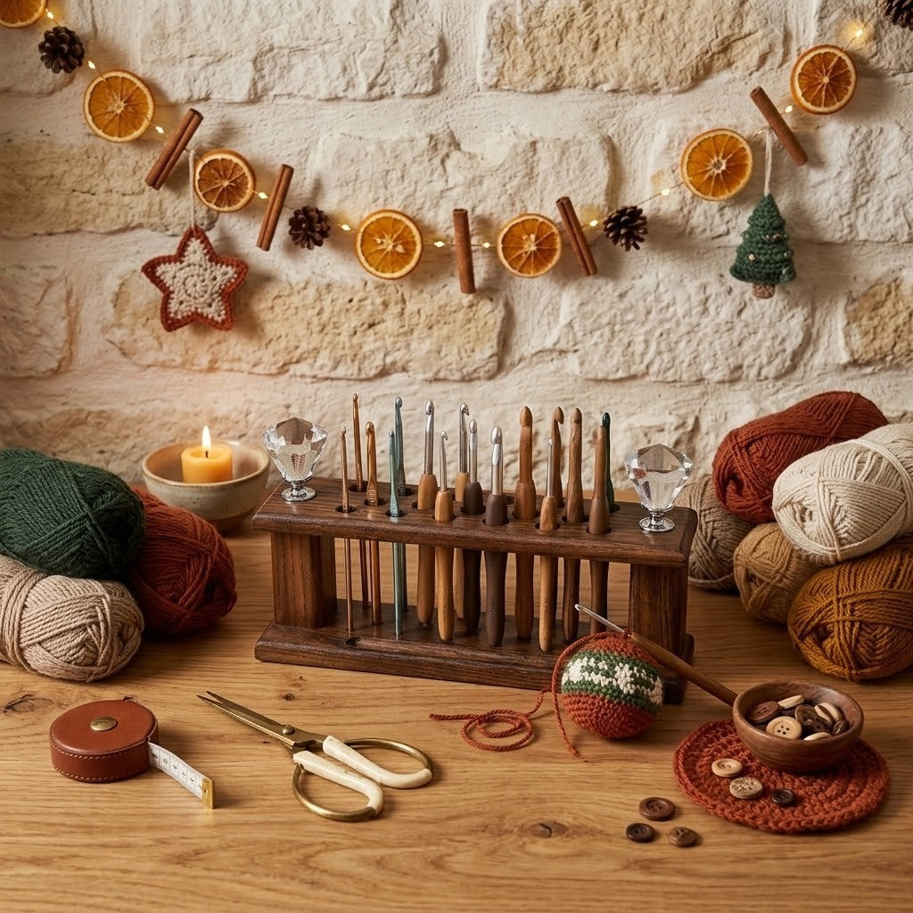 A cozy autumn-themed knitting and crochet setup on a wooden table against a stone wall. A central wooden stand holds multiple wooden crochet hooks and knitting needles, surrounded by balls of yarn in green, rust, beige, and brown, a lit candle, scissors, a small wooden bowl, and a warm orange dried citrus garland hanging above.