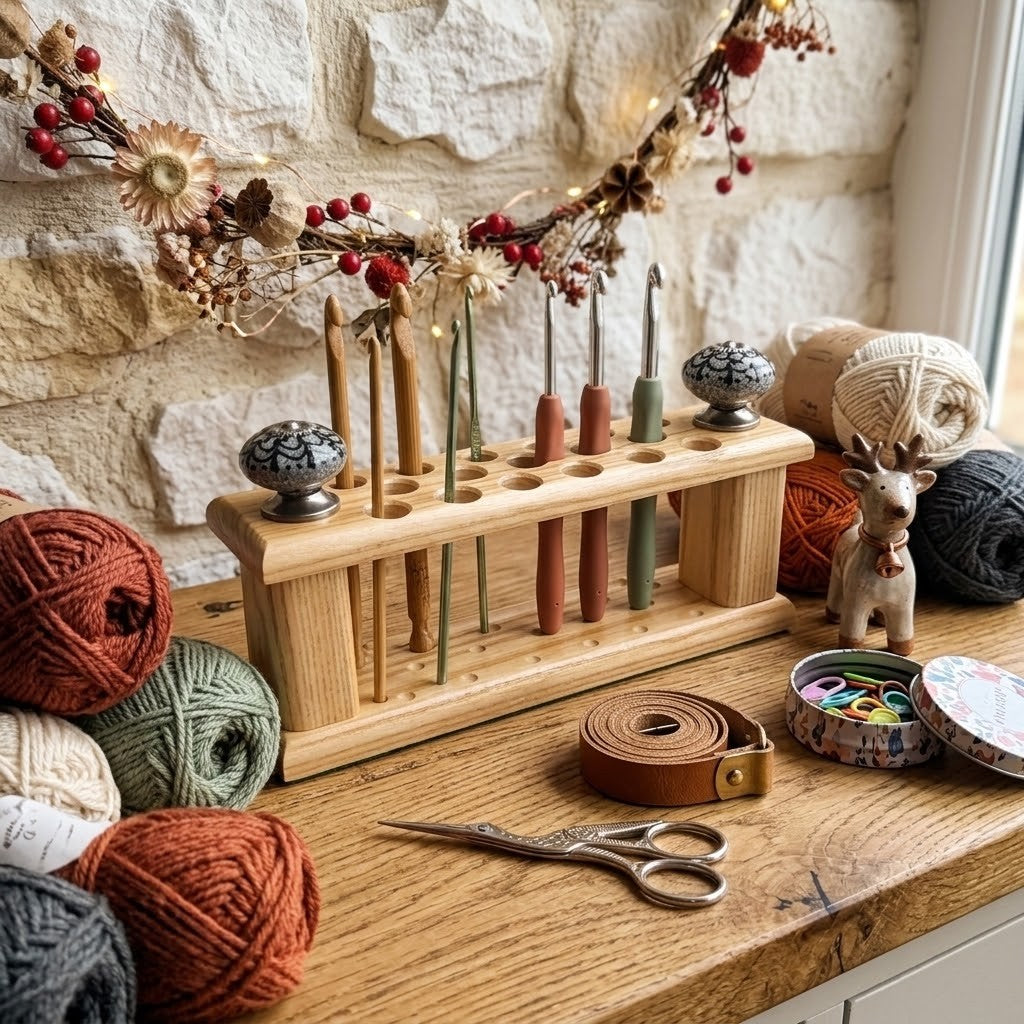 A wooden crochet hook organiser with multiple coloured hooks and decorative knobs, styled on a wooden table with yarn balls, scissors, a small deer figurine, and a stone wall background.