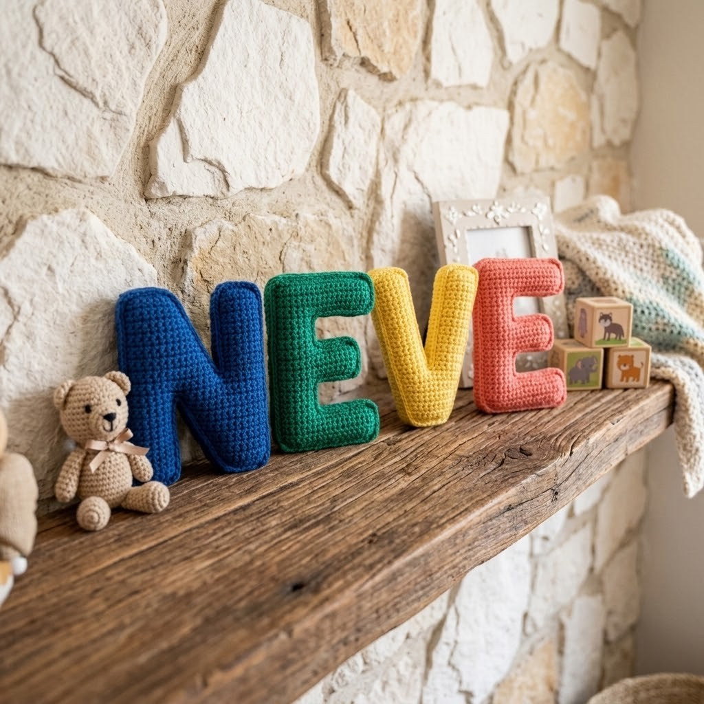 Crocheted letter decorations spelling 'NEVE' arranged on a rustic wooden mantel against a stone wall, with a small teddy bear and wooden blocks nearby.