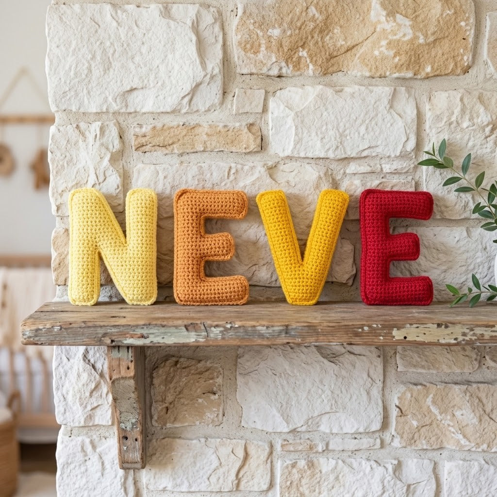 Four crocheted letter pillows spelling "NEVE" in yellow, orange, yellow, and red, displayed on a rustic wooden mantel against a stone wall.