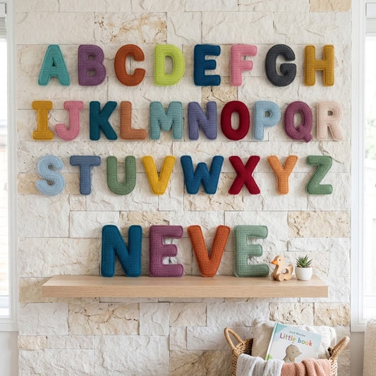 Multicolour crochet alphabet wall letters spelling out 'ABC DEF GH I J K L M N O P Q R S T U V W X Y Z' and 'NEVE' on a light stone wall above a wooden shelf.