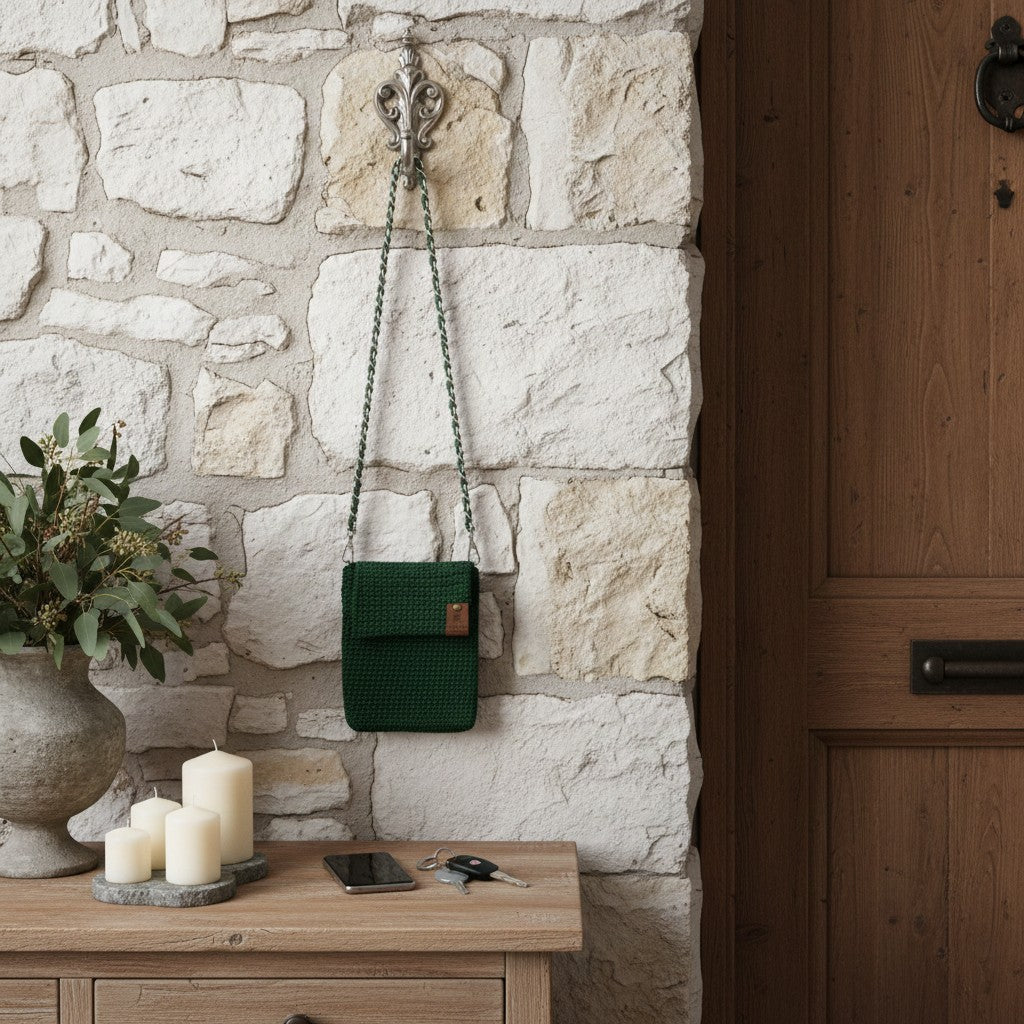 Green handbag hanging on a stone wall next to a wooden cabinet.