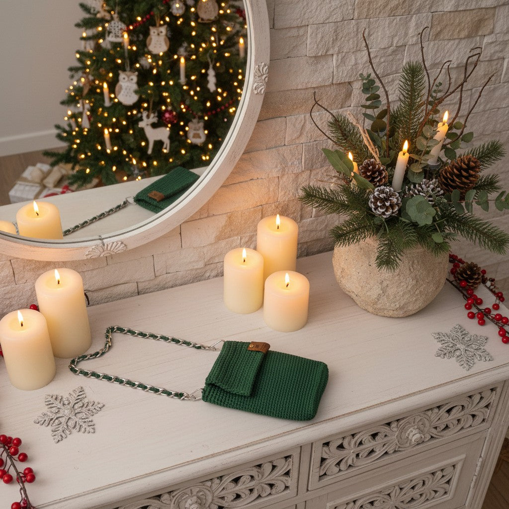 Decorative setting with candles, a green bag, and a Christmas tree in the background.