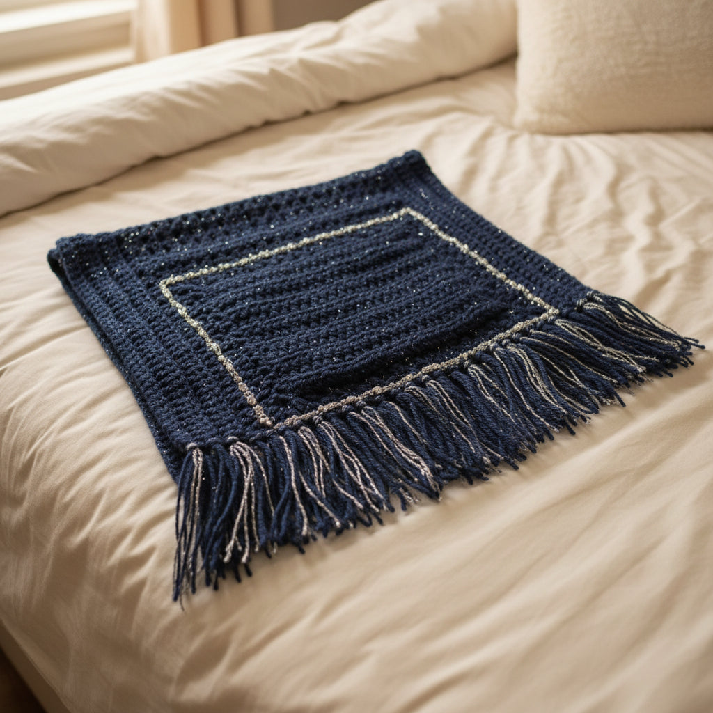 Navy blue knitted scarf with tassels on a beige bed