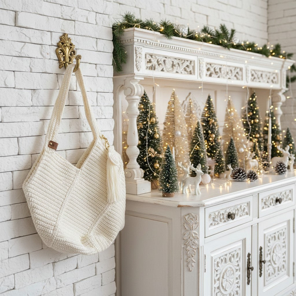 Cream crochet shopper bag, decorative Christmas scene with a white cabinet, garland, and small trees against a white brick wall.