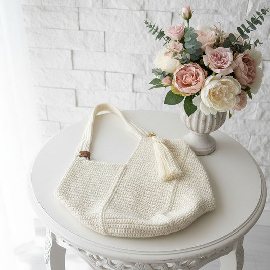 Pretty crochet shopper back on a small table with vase of flowers