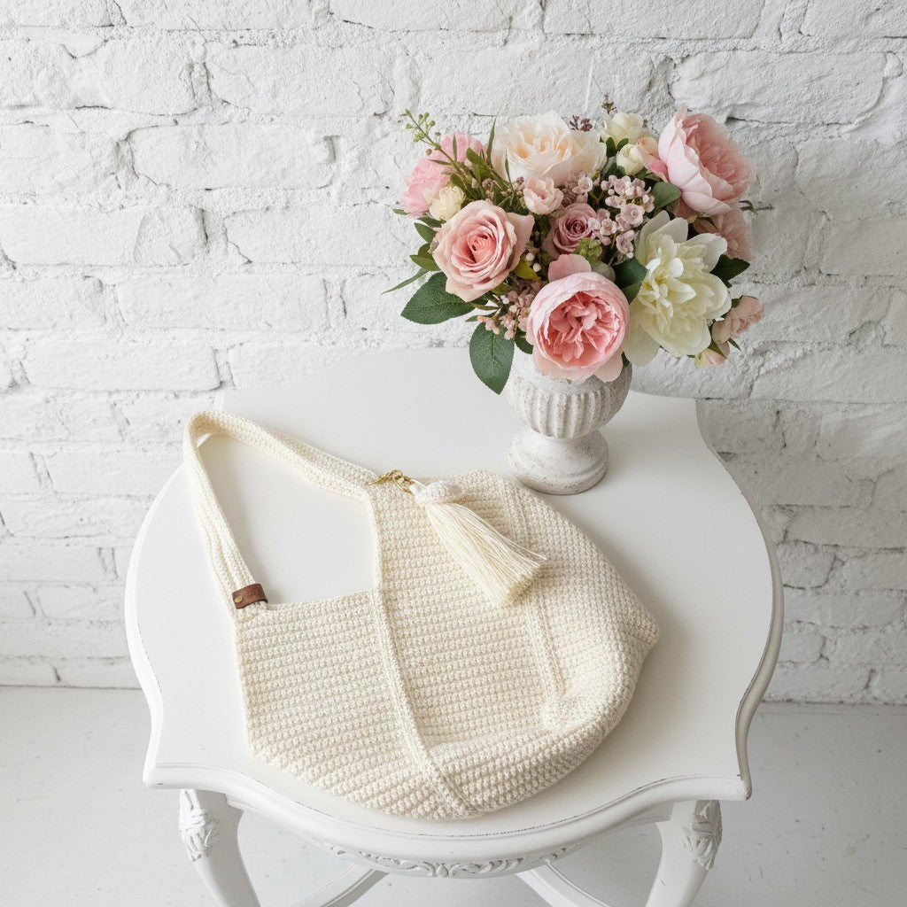 Staged crochet shopper bag with vase of pretty flowers next to it.