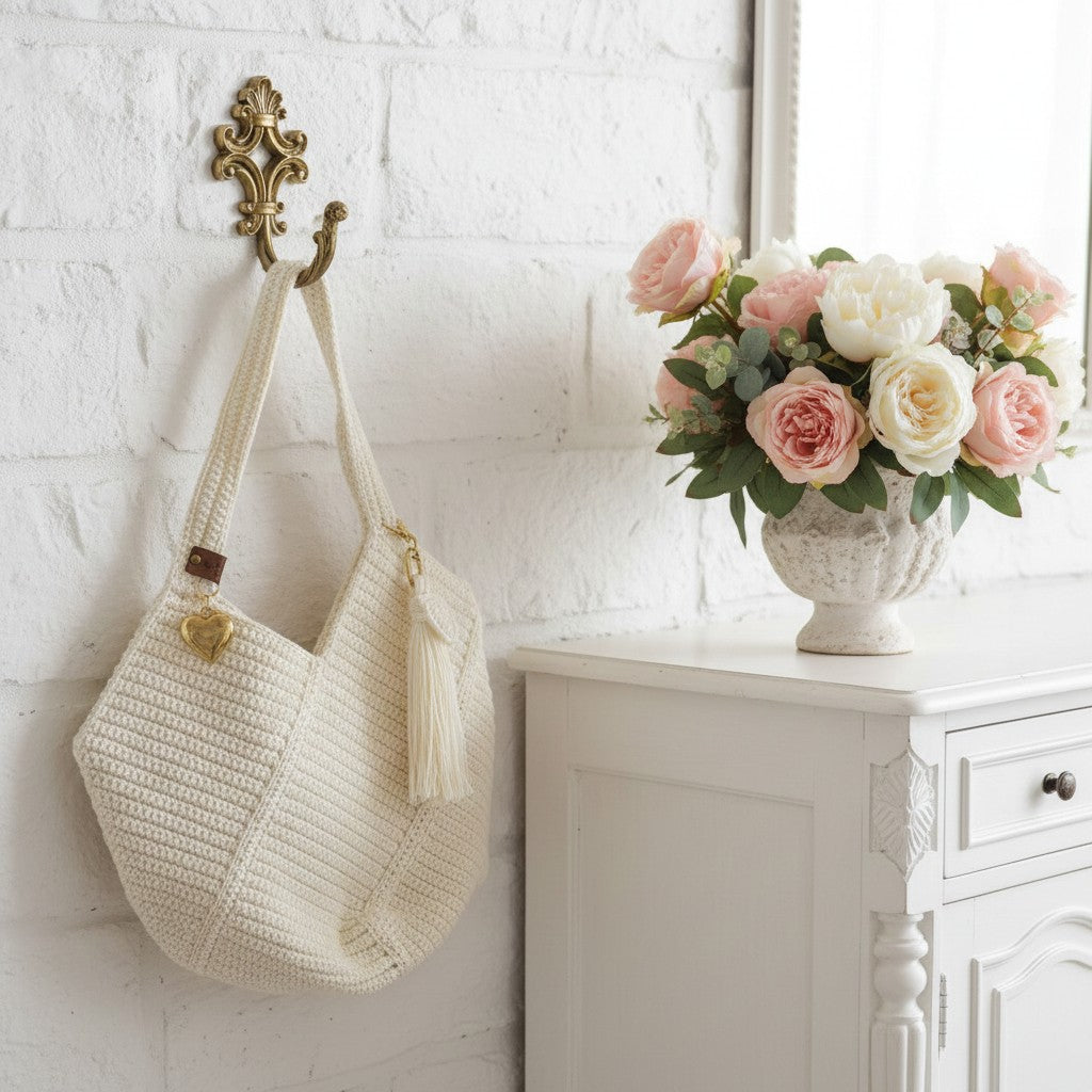 Lovely gold shopper bag made with crochet next to a sideboard and hung on a hook