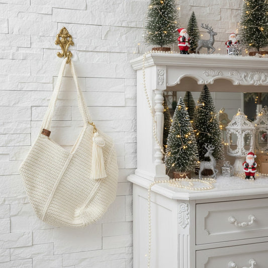 White crochet bag with tassels hanging on a gold hook against a white brick wall with a decorated fireplace.