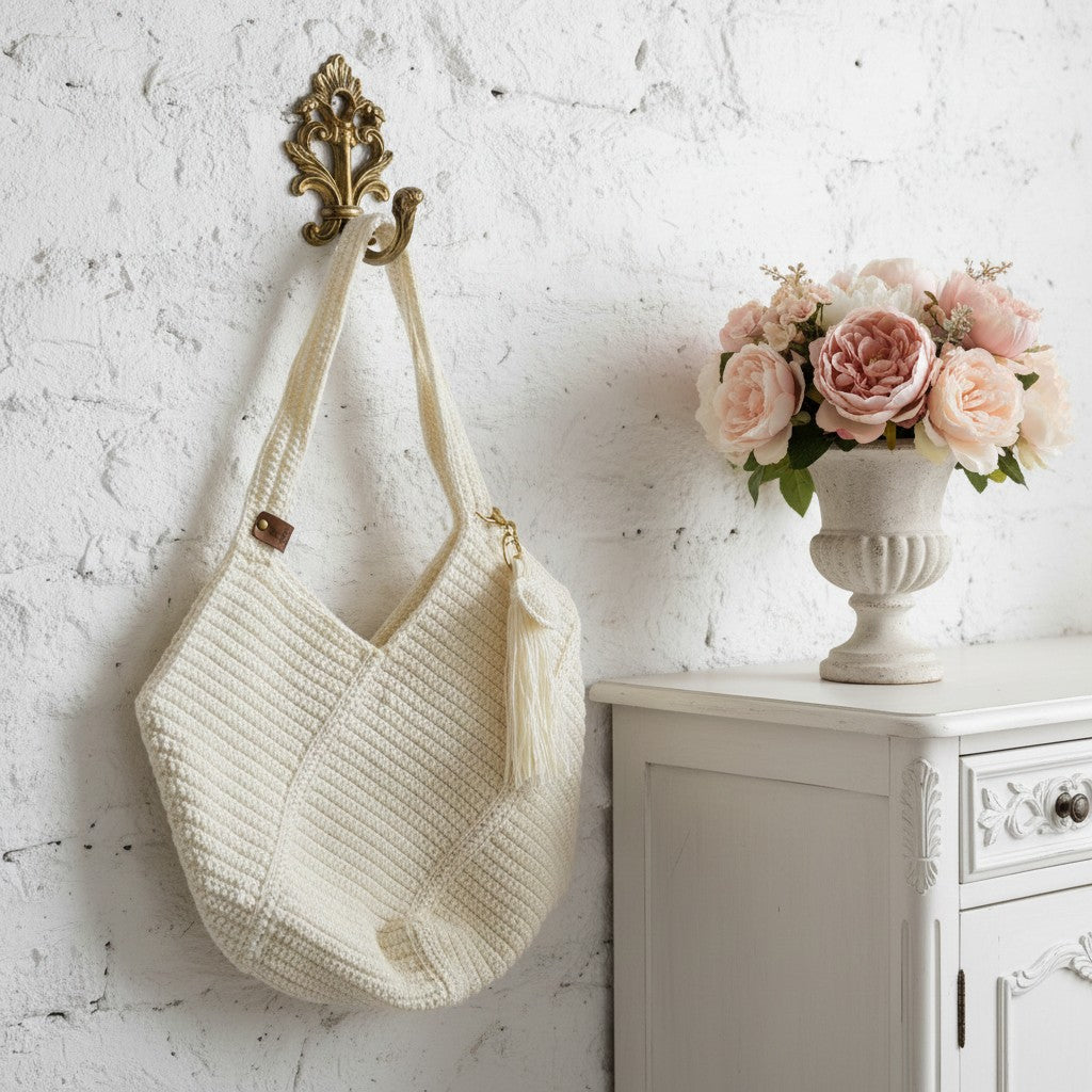 Pretty crochet handbag hung on a hook next to a rustic sideboard.