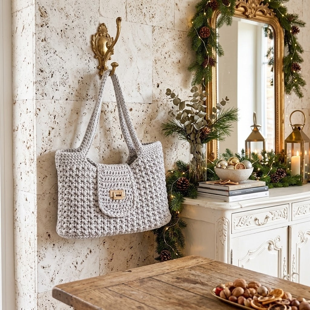 A light grey chunky crochet shoulder bag with double shoulder straps and a front pocket hangs from a gold wall hook in a decorated home entryway. The background features a stone wall, a white console table, a gold mirror with a green pine garland, and holiday lanterns.