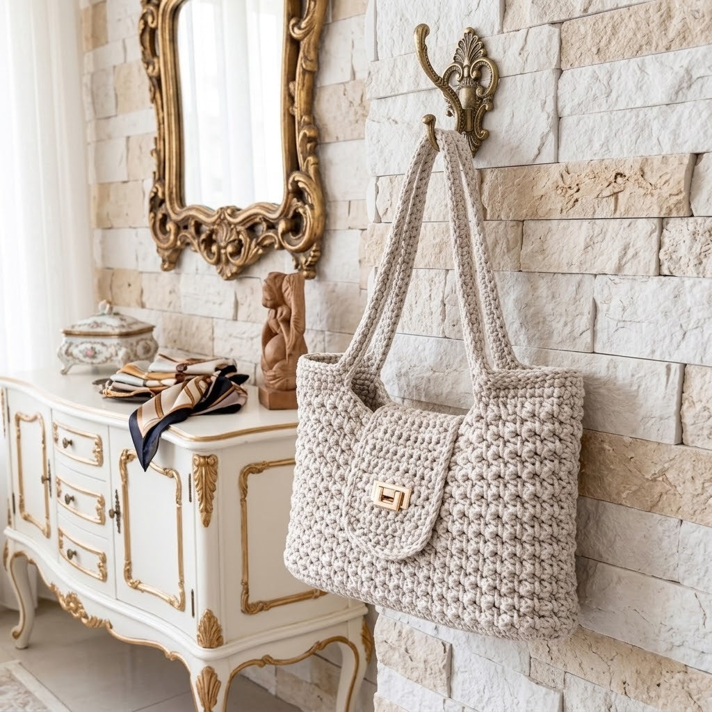 A large beige crocheted tote bag with double shoulder straps hangs from a decorative wall hook on a light stone wall, next to an ornate white and gold console table with a mirror.