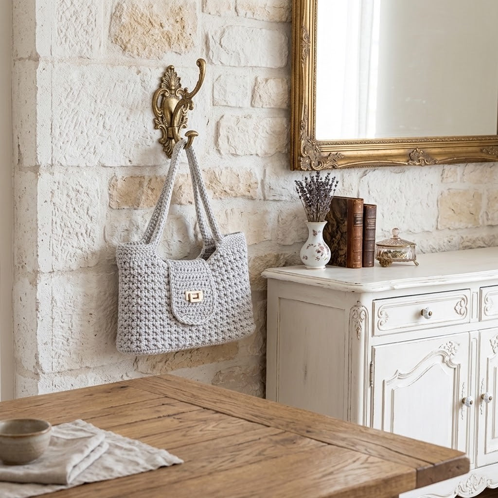 A light grey crocheted tote bag hangs from an ornate gold wall hook on a rustic white brick wall, styled in a cosy room setting next to a white cabinet and wooden table.