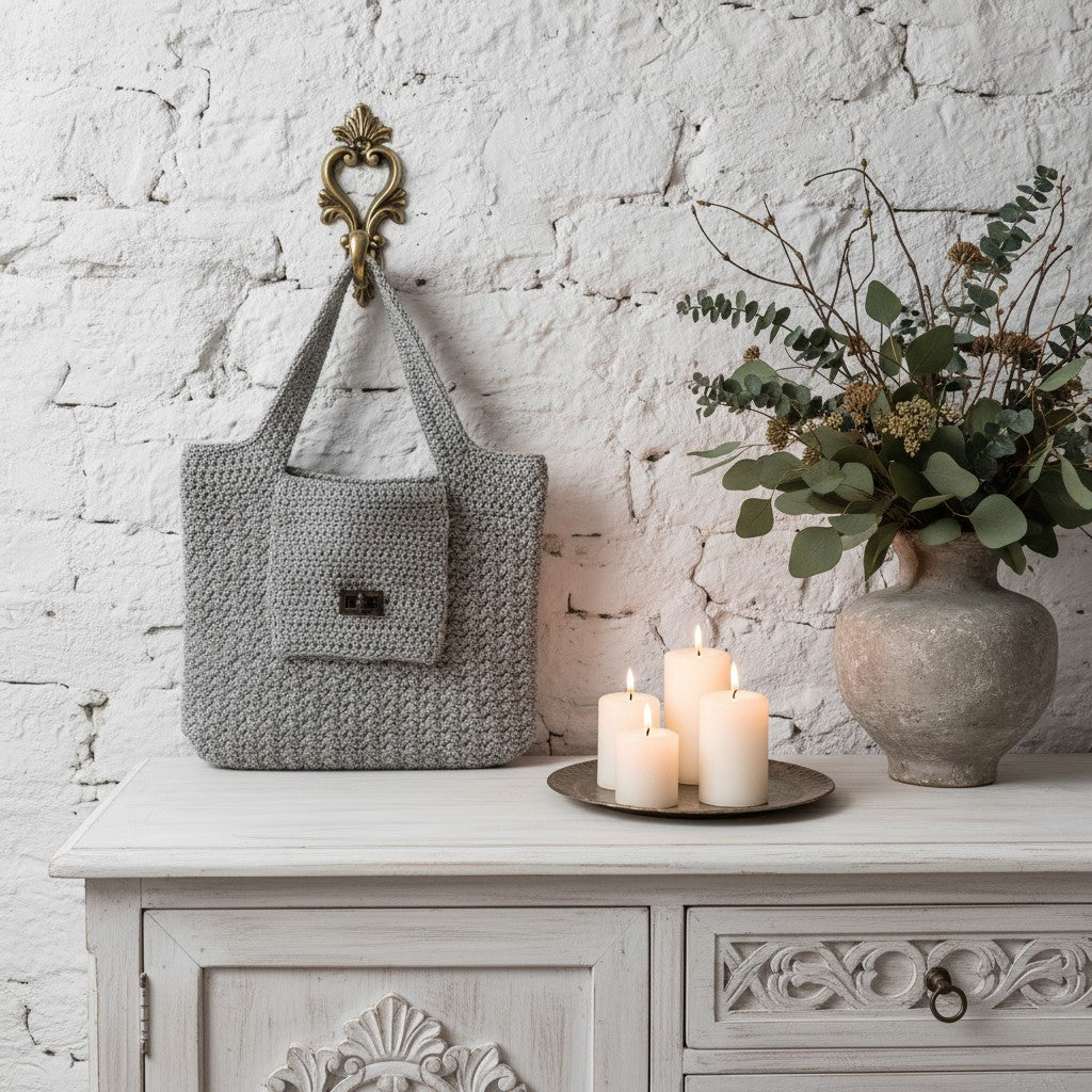 Grey crochet bag hanging on a hook above a white cabinet with candles and a vase of flowers.