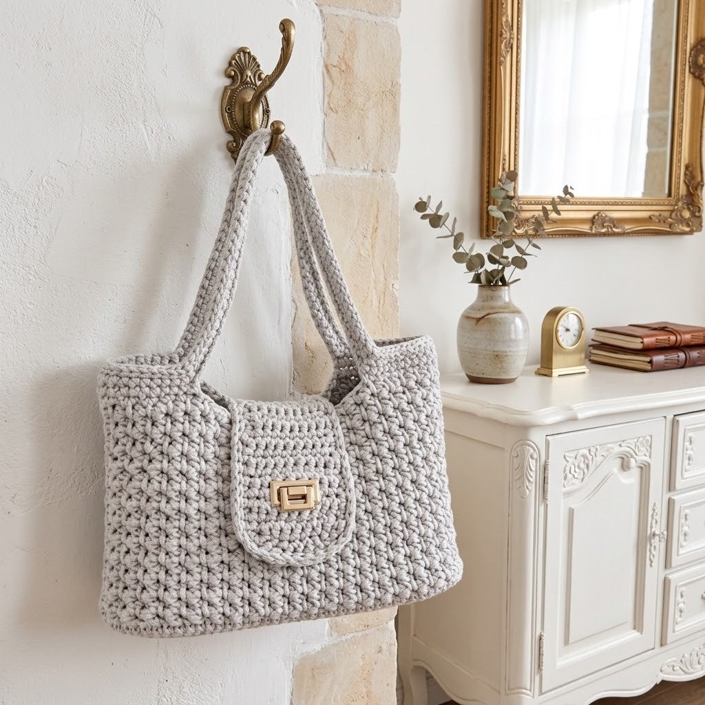 A light grey crocheted tote bag with a front pocket and gold-tone clasp, hanging from a brass hook on a white wall next to a white cabinet with a mirror and vase.