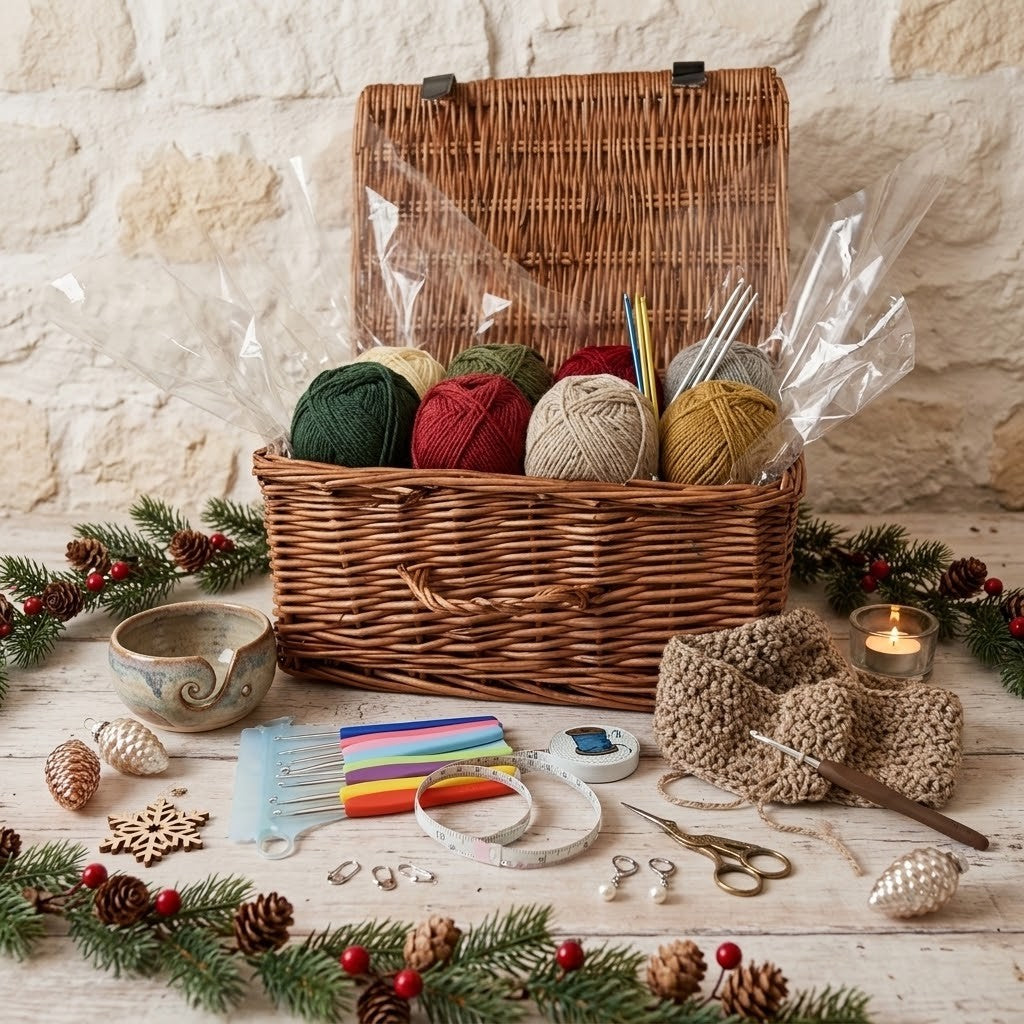A wicker gift basket filled with balls of yarn and knitting needles, styled on a wooden surface with festive greenery, knitted socks, scissors, thread, and a candle against a light stone wall.